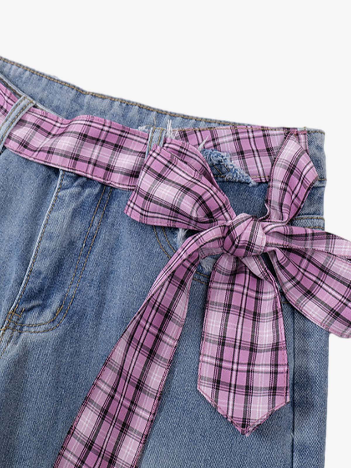 Street Ripped Plaid Bow Jeans 