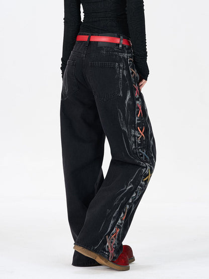 Retro Colorful Lace-Up Side Panel Spray-Washed Wide Leg Jeans 