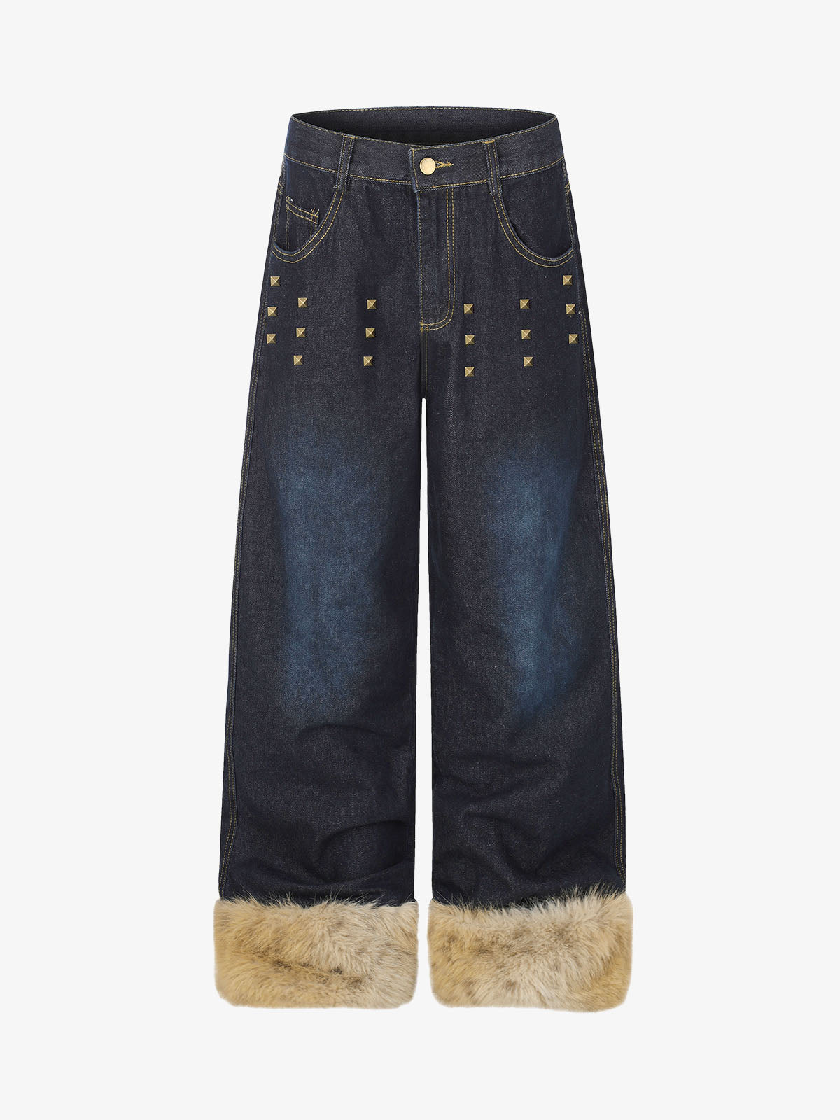 Studded Detail Furry Cuff Jeans