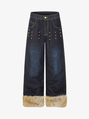 Studded Detail Furry Cuff Jeans