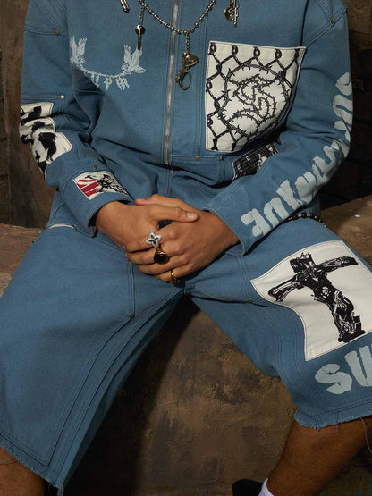 Supermade Multi-Element Appliqué Patchwork Denim Suit 