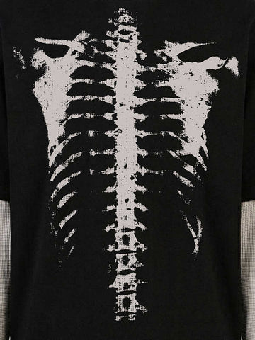 Waffle Knit Skeleton Graphic Layered T-Shirt