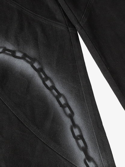Chain Print Raw Edge Washed Wide-Leg Jeans 
