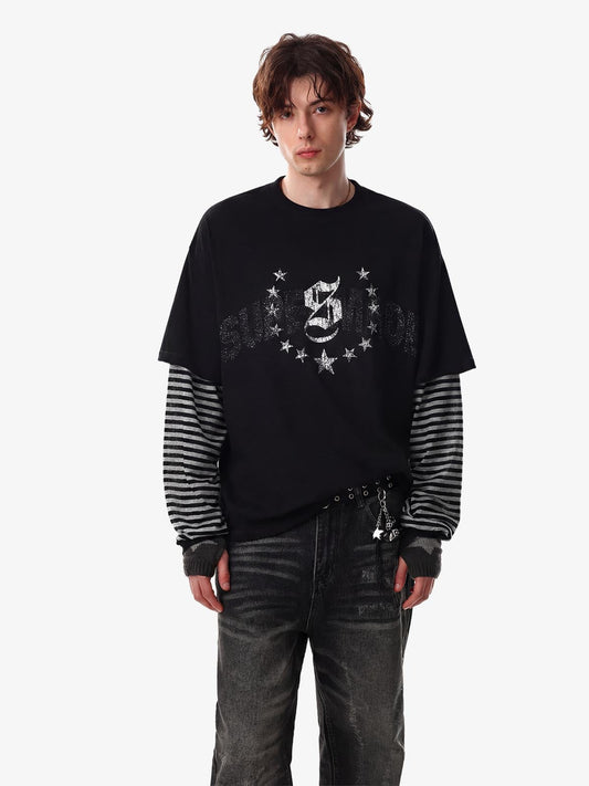 Cotton Blend Layered Sleeve Graphic T-Shirt with Star Print Design 