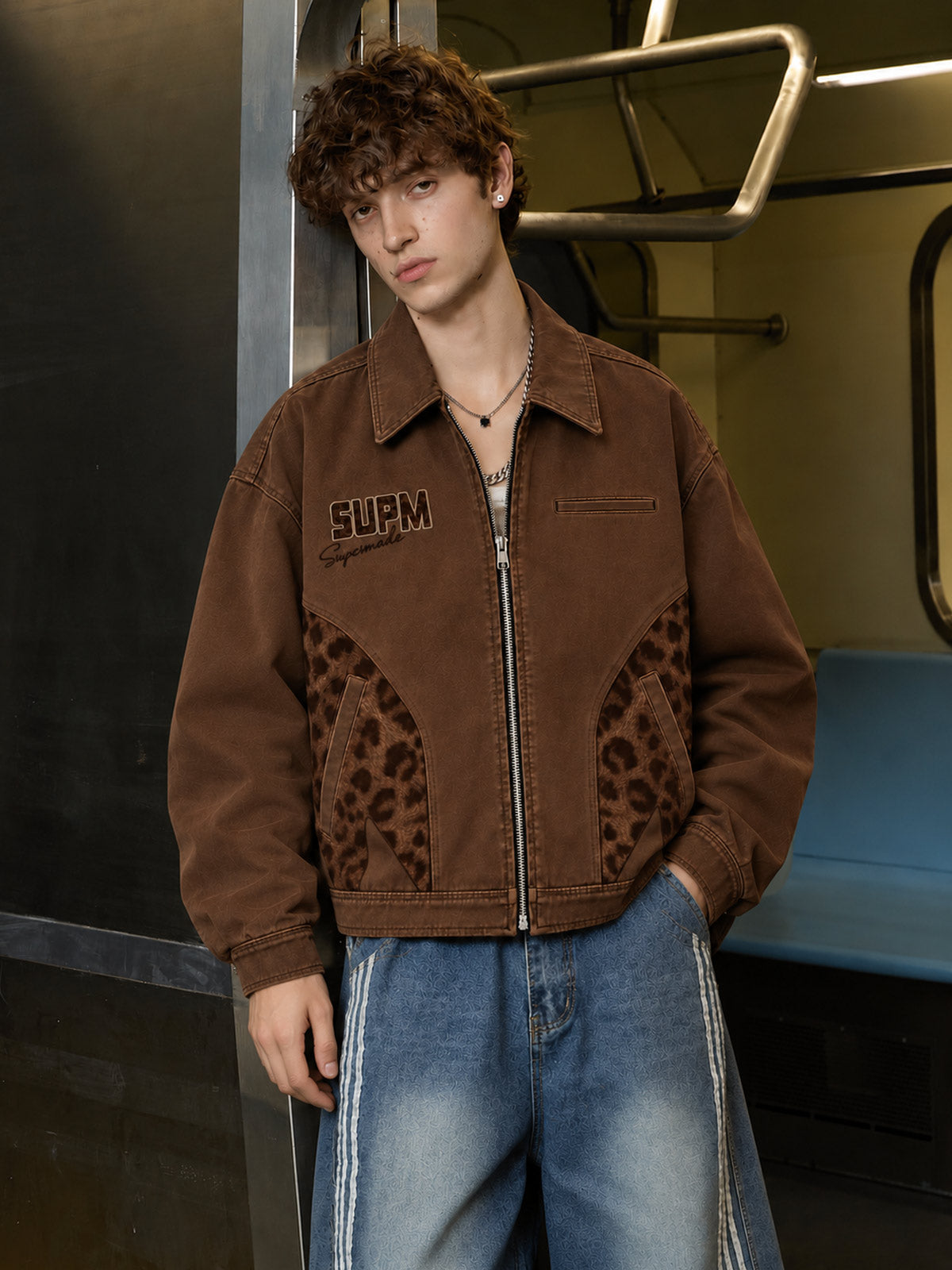 Leopard Print Panel Zip-Up Jacket