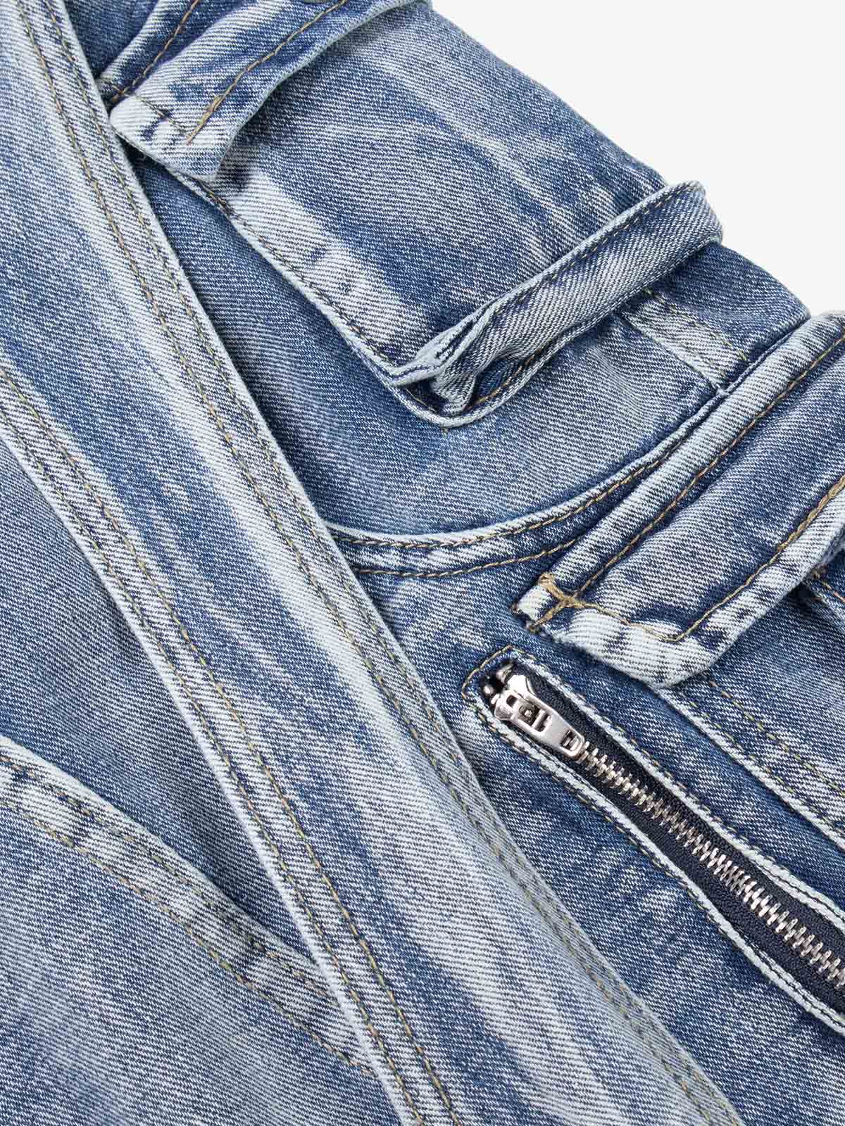 Washed Multi-Pocket Curved-Seam Cargo Jeans