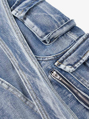 Washed Multi-Pocket Curved-Seam Cargo Jeans