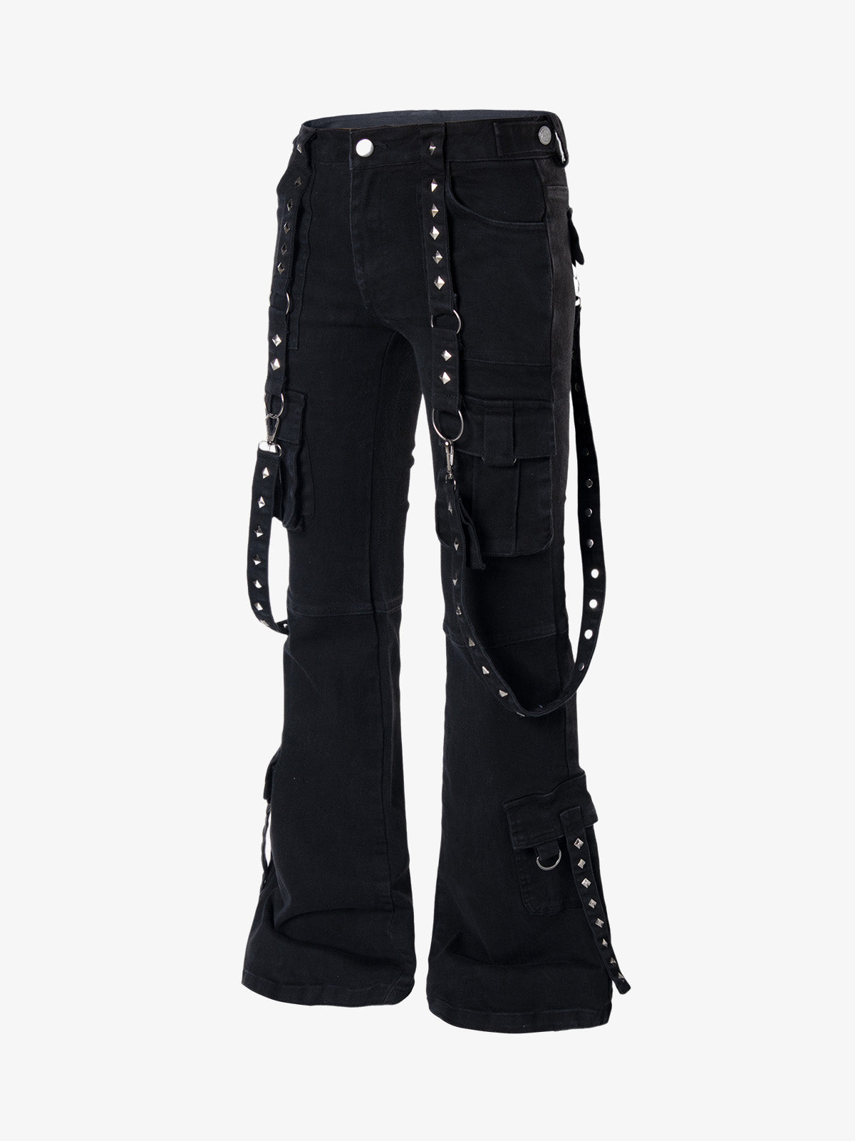 Studded Flared-Hem Utility Jeans; Black / S, Black / M, Black / L