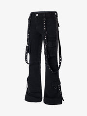 Studded Flared-Hem Utility Jeans; Black / S, Black / M, Black / L
