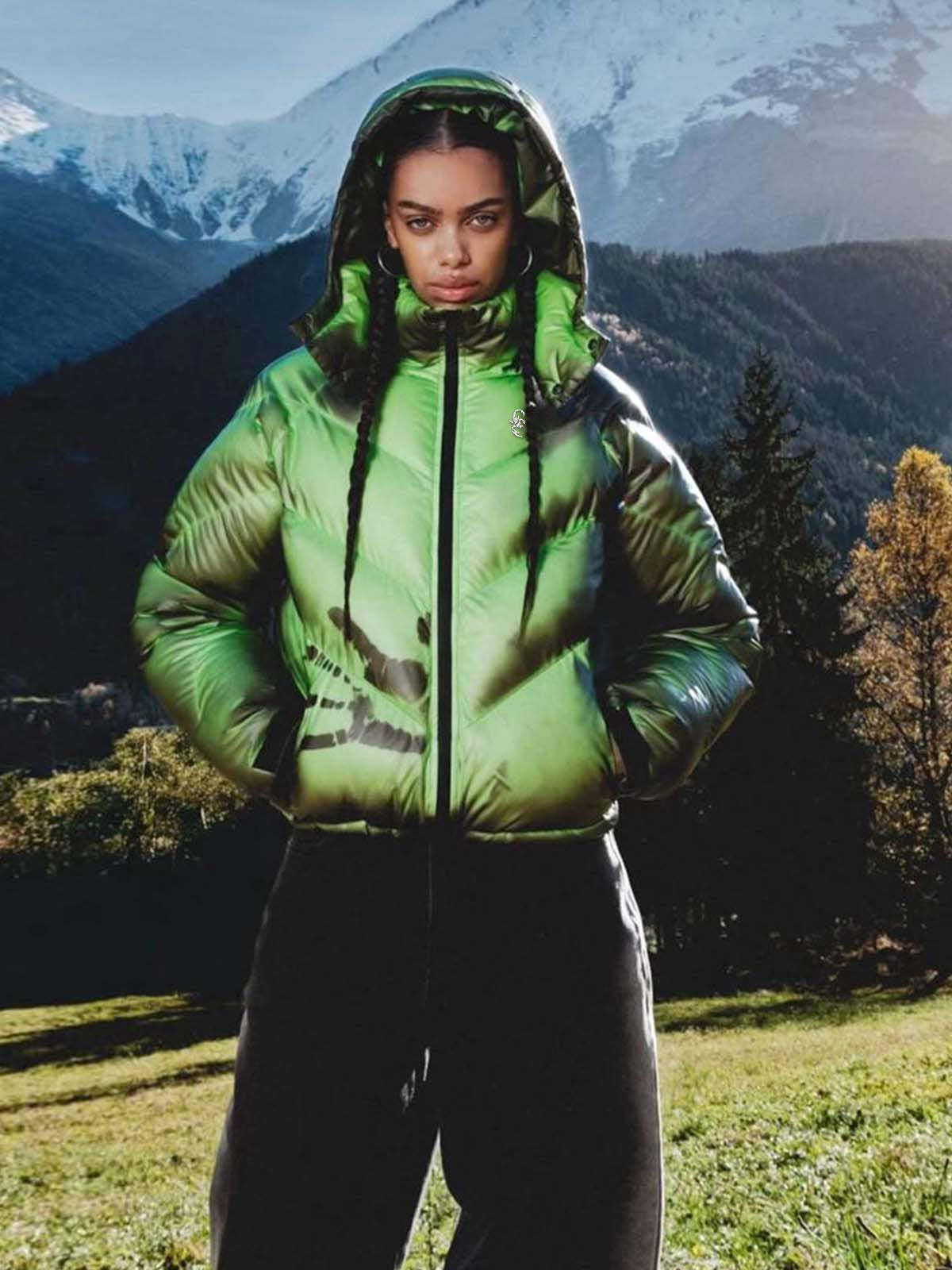 Neon Handprint Graphic Hooded Puffer Coat