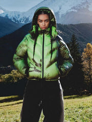 Neon Handprint Graphic Hooded Puffer Coat