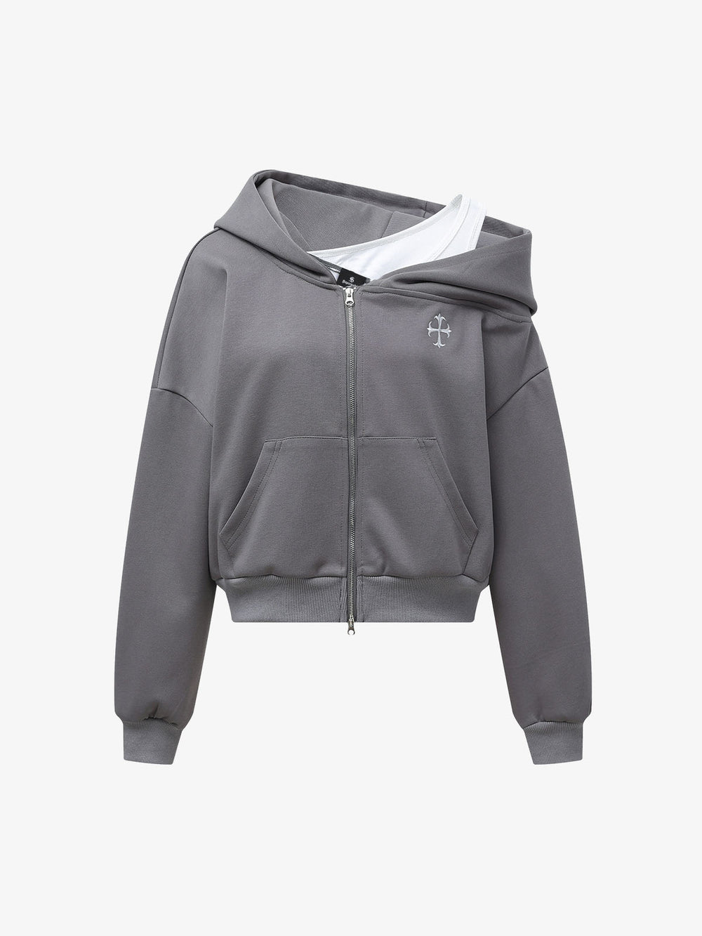 Off-Shoulder Layered Zip-Up Cropped Hoodie