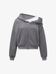 Off-Shoulder Layered Zip-Up Cropped Hoodie