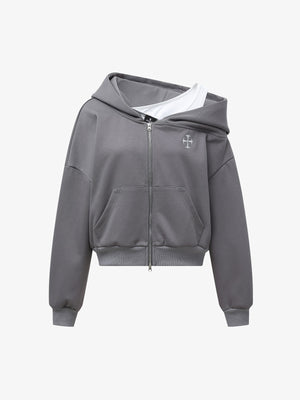 Off-Shoulder Layered Zip-Up Cropped Hoodie
