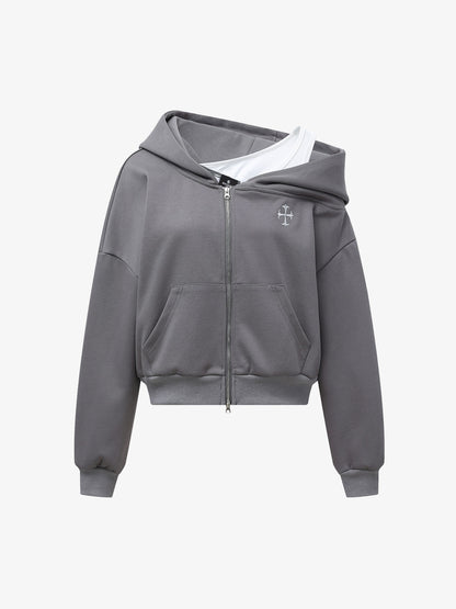 Off-Shoulder Layered Zip-Up Cropped Hoodie