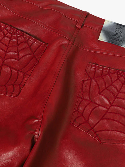 Faux Leather Wide Leg Pants with Spiderweb Embossed Pockets - Edgy Fashion Statement 