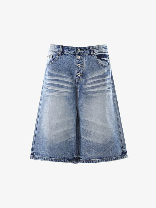Button-Fly Baggy Denim Shorts