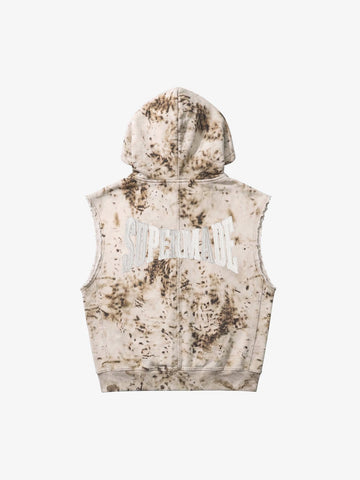 Washed Distressed Irregular Leopard Sleeveless Hooded Vest Set 