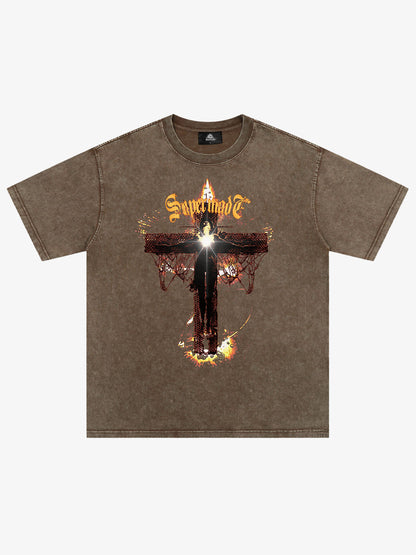 THE SUPERMADE Gothic Flame Cross Graphic T-Shirt for Bold Statement Wear 