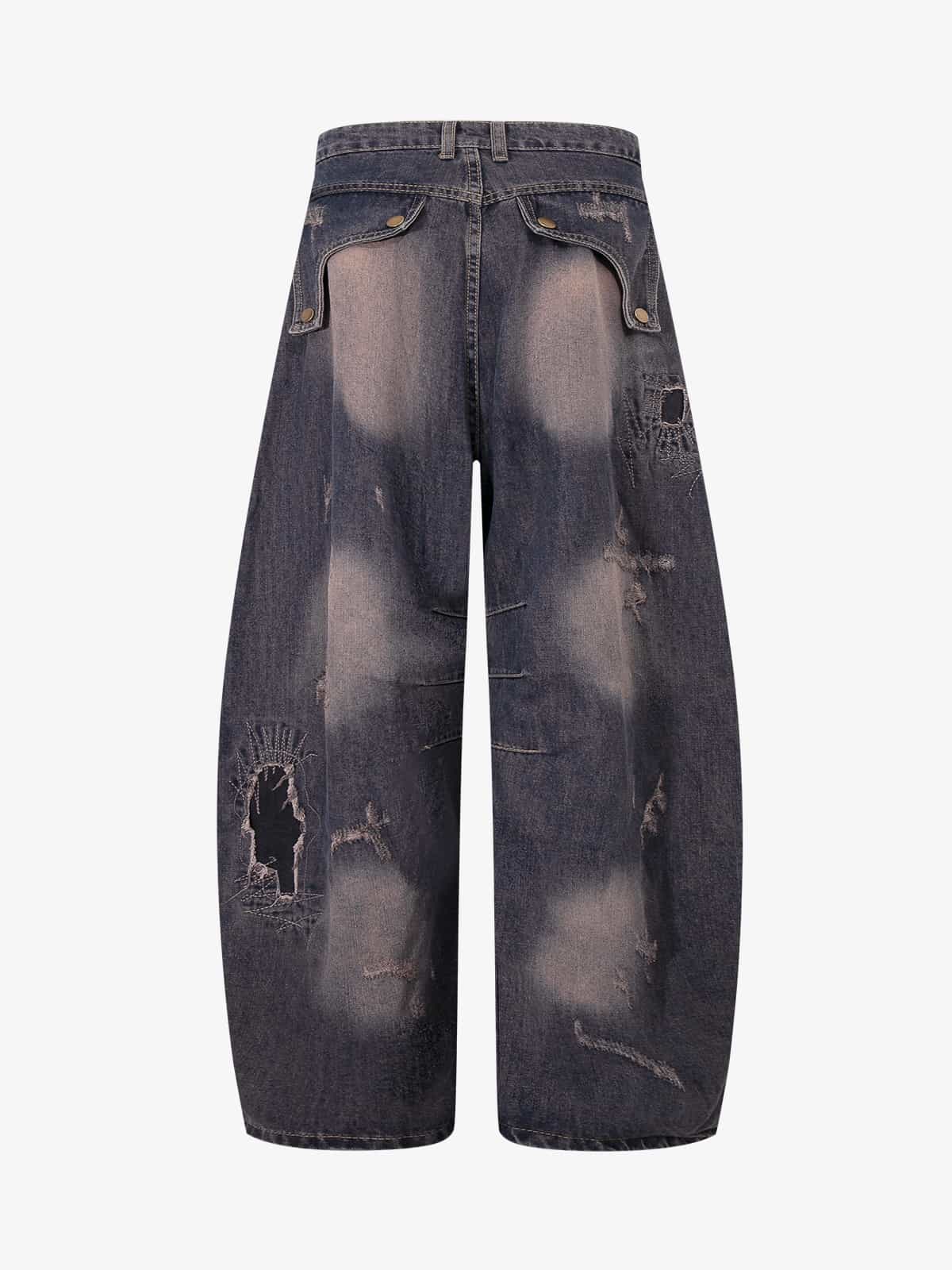 Vintage Washed Patchwork Distressed Barrel Jeans 