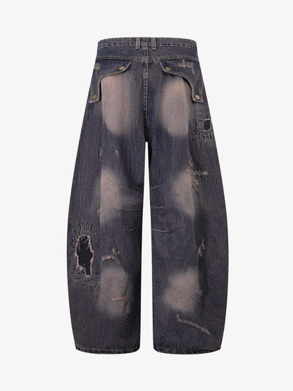 Vintage Washed Patchwork Distressed Barrel Jeans 