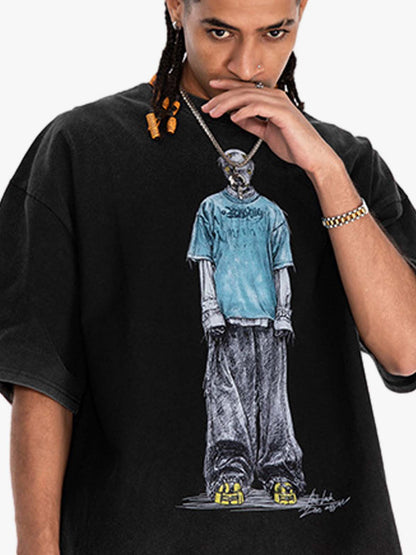 300G Jade Pattern Dyed Cotton Oversized T-Shirt with Skeleton Graphic Print Streetwear 