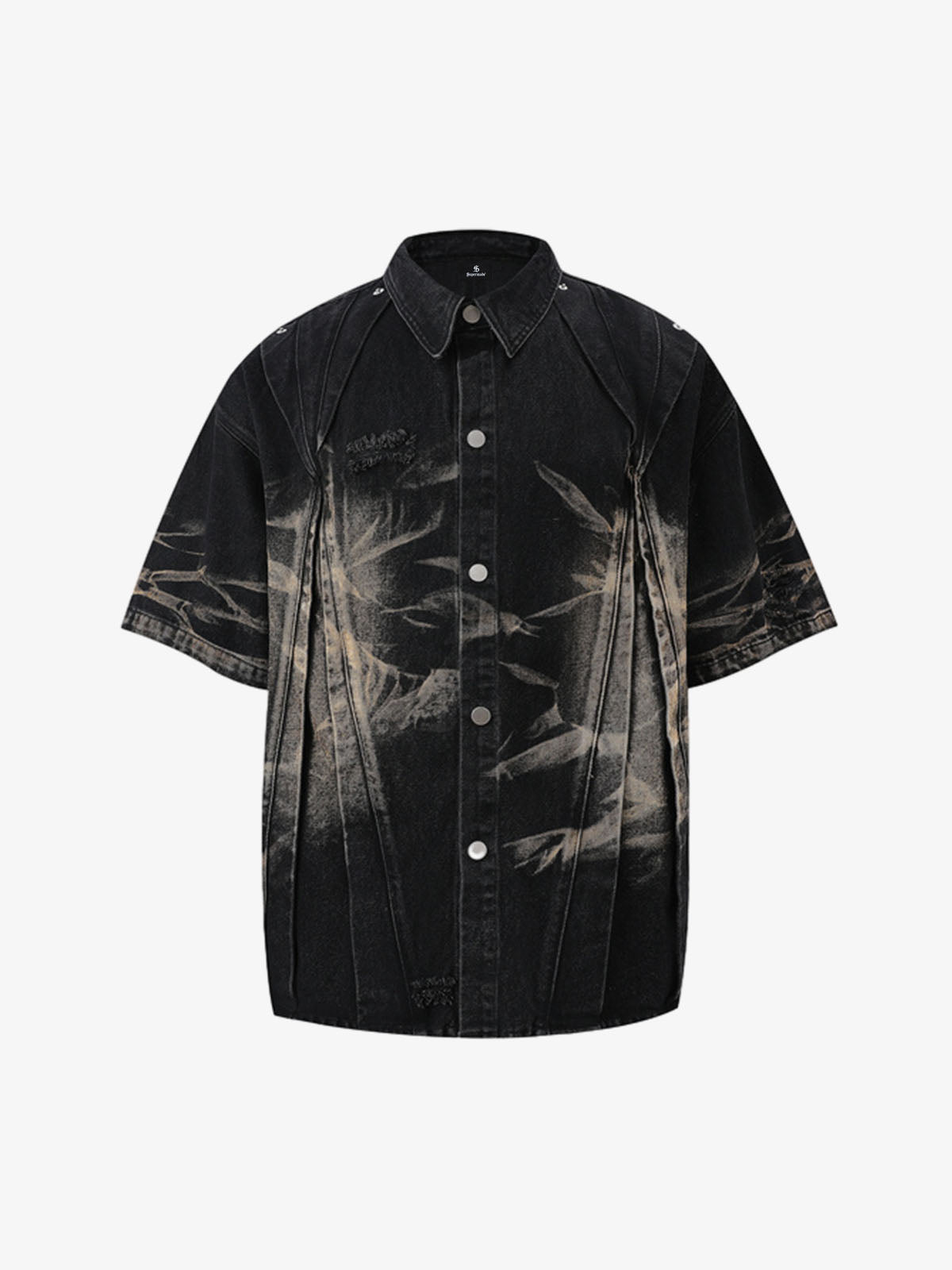 Washed Black Branch Print Deconstructed Denim Set 