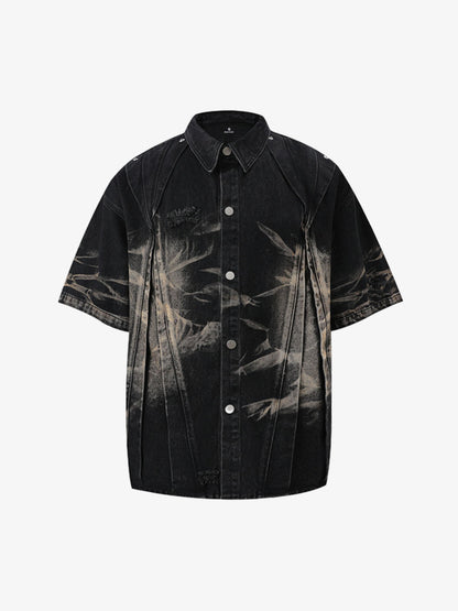 Washed Black Branch Print Deconstructed Denim Set 