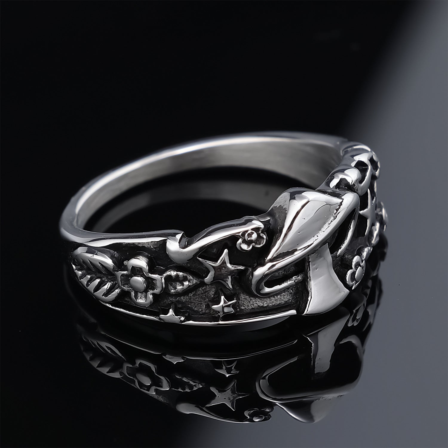 Sterling Silver Dragon Ring with Star and Flower Design Men's Gothic Jewelry 