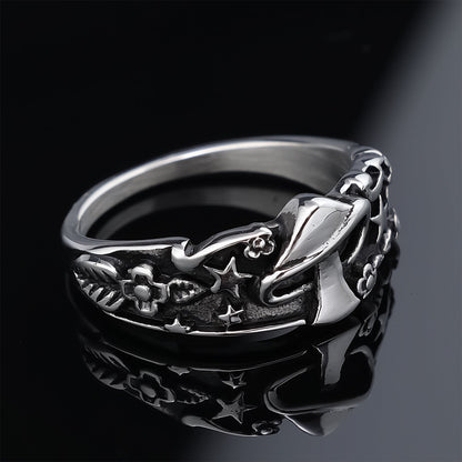 Sterling Silver Dragon Ring with Star and Flower Design Men's Gothic Jewelry 
