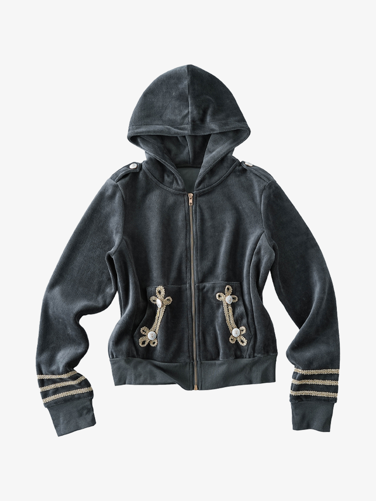 Gold Braid Embellished Plush Zip Hoodie & Wide-Leg Pants Set