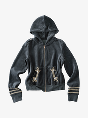 Gold Braid Embellished Plush Zip Hoodie & Wide-Leg Pants Set