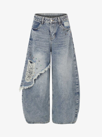Layered Rhinestone Baggy Jeans