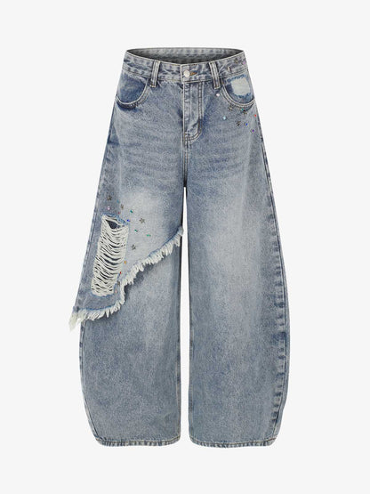 Layered Rhinestone Baggy Jeans
