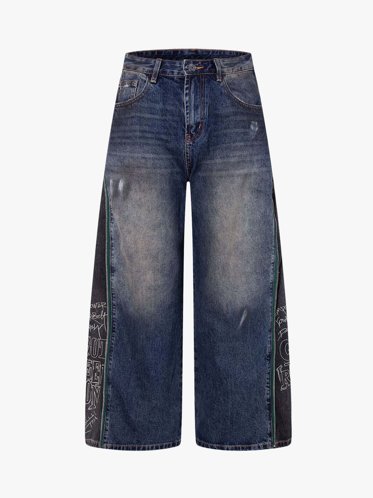 Wide-Leg Denim Jeans with Unique Zipper Design and Graffiti Artwork 