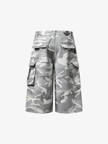 Camo Cargo Shorts with Paint Splatter – Relaxed Fit Utility Streetwear