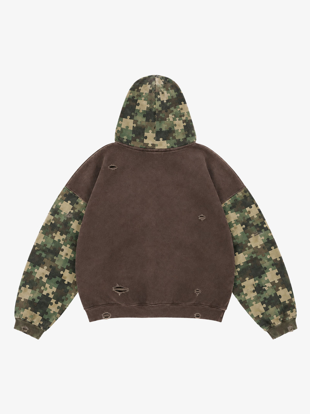Paneled Camo Washed Distressed Zip Hoodie