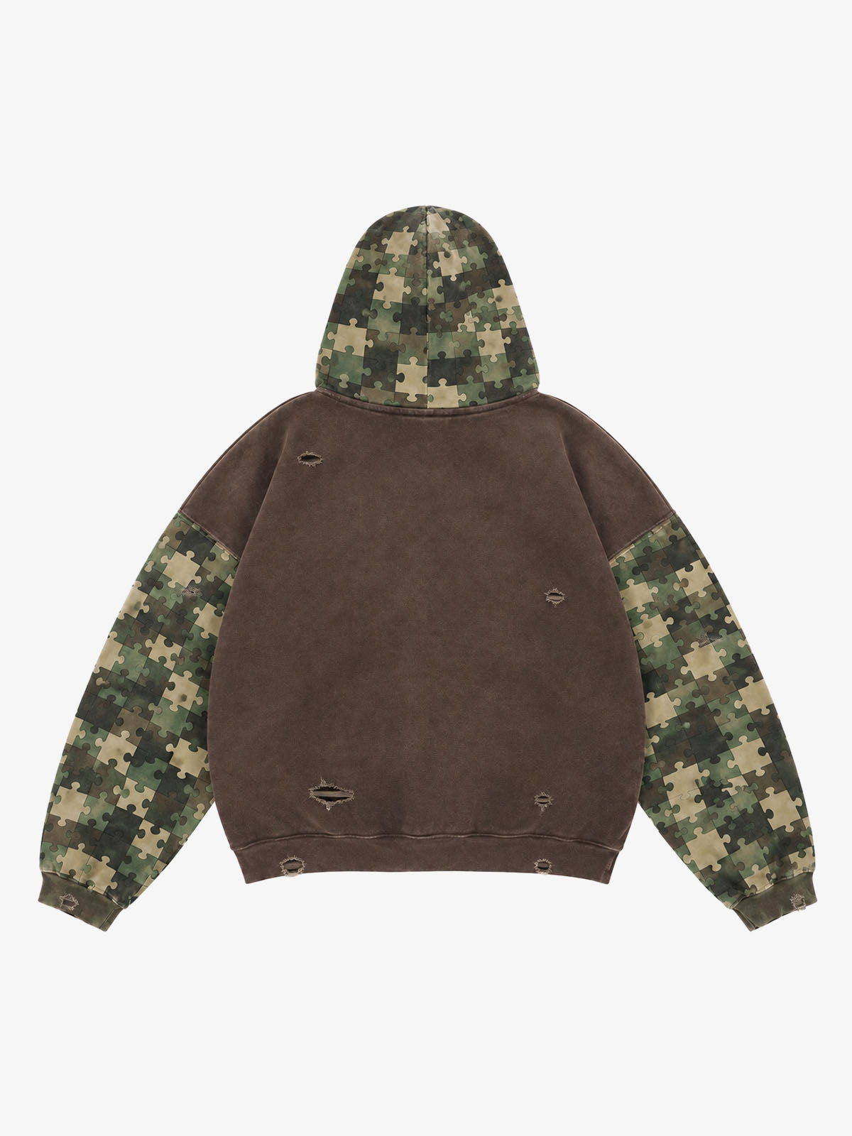 Paneled Camo Washed Distressed Zip Hoodie