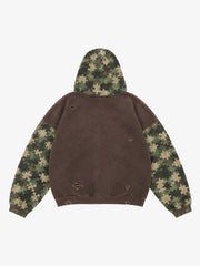 Paneled Camo Washed Distressed Zip Hoodie