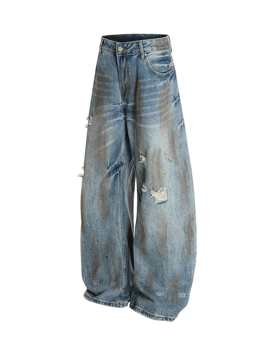 Washed Distressed Ripped Barrel Jeans