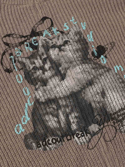 Cozy Cat Graphic Knit Sweater for Casual Wear 