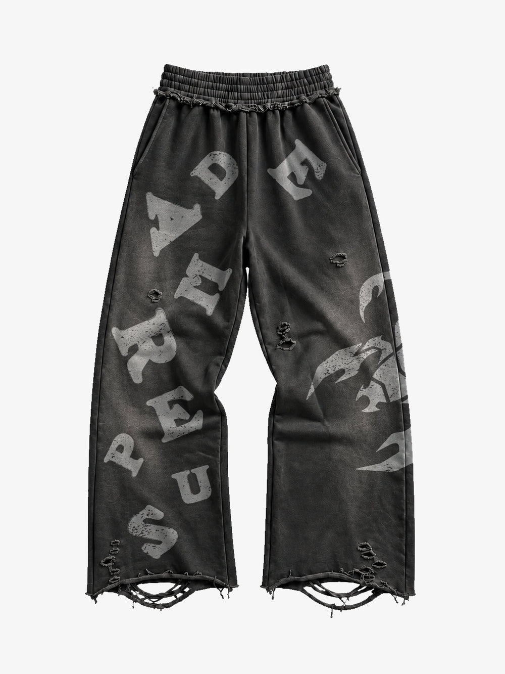 Washed Terry Graphic Print Distressed Wide-Leg Sweatpants