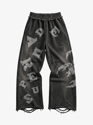 Sweatpants mit weitem Bein aus gewaschenem Frottee mit Grafik-Print im Distressed-Look