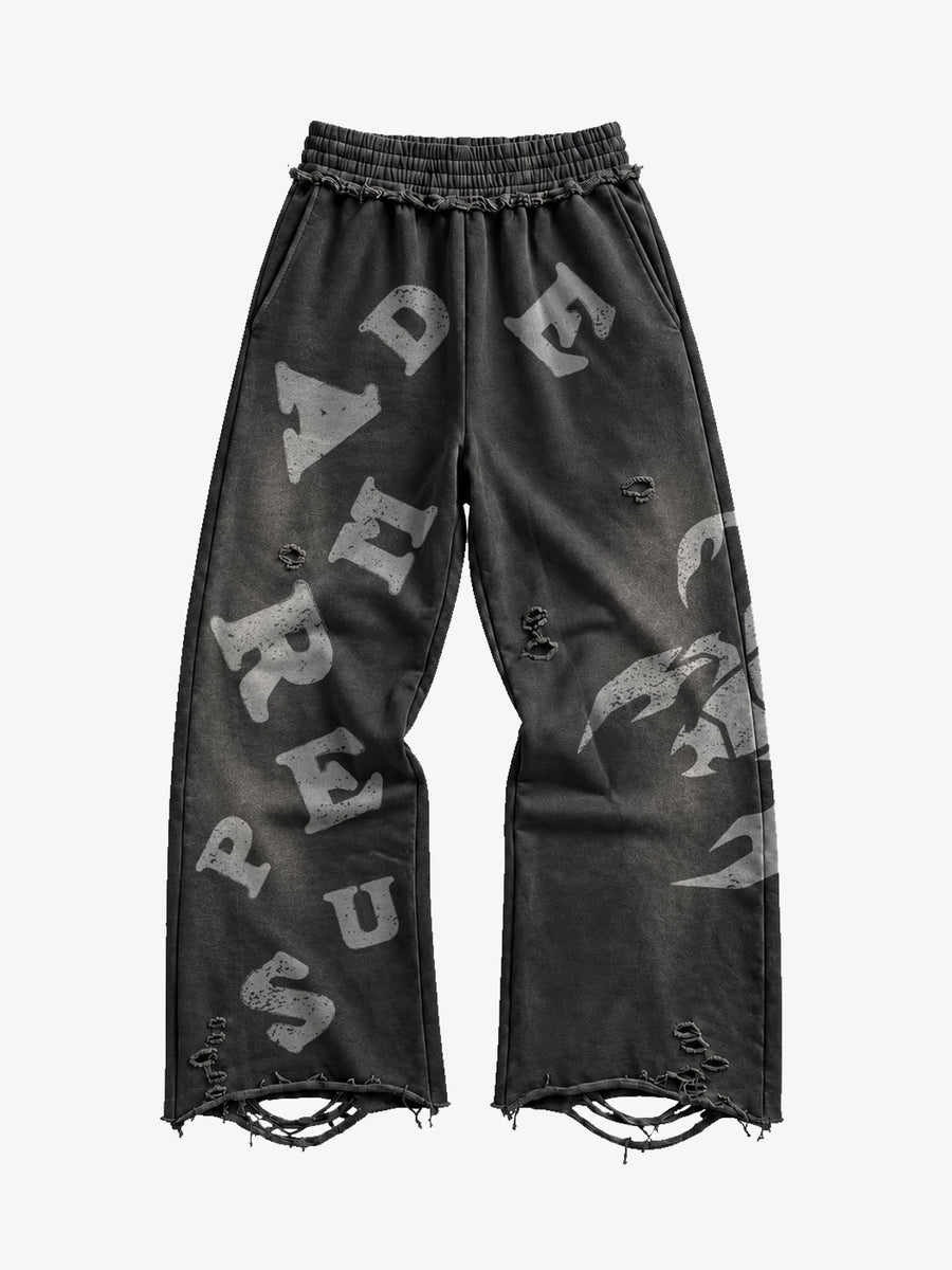 Sweatpants mit weitem Bein aus gewaschenem Frottee mit Grafik-Print im Distressed-Look