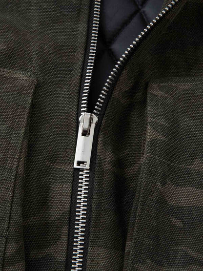 Retro Camo Faux Fur Trim Detachable Hooded Jacket 