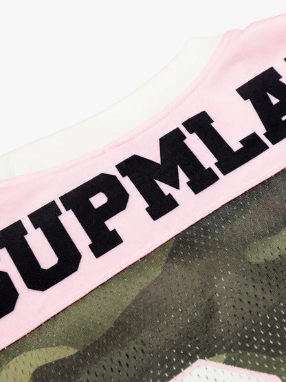 Cotton Blend Camo Print Football Jersey with Pink V-Neck and Number 18 Design 