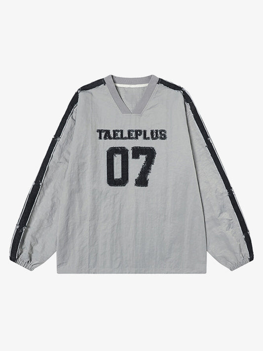 Retro Denim Distressed Patch Number Long-sleeved T-shirt 