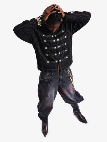 Vintage Militär-Jeansjacke mit silbernen Knöpfen