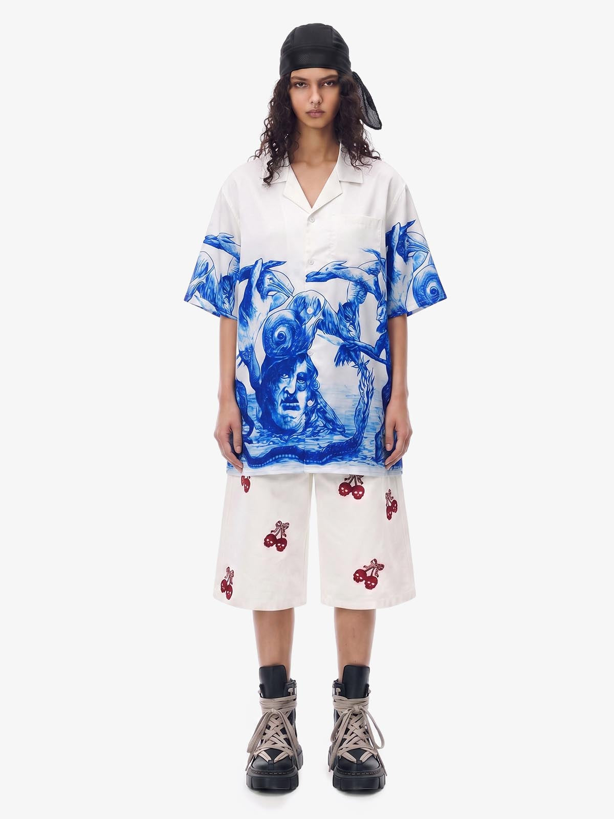 Blue Sketch Mythological Camp Collar Boxy Shirt 