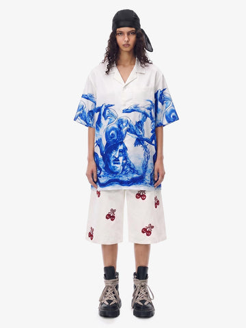 Blue Sketch Mythological Camp Collar Boxy Shirt 